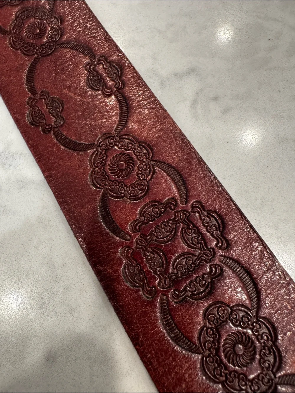 Fossil Brown Leather Belt L Embossed Boho Western Statement Buckle